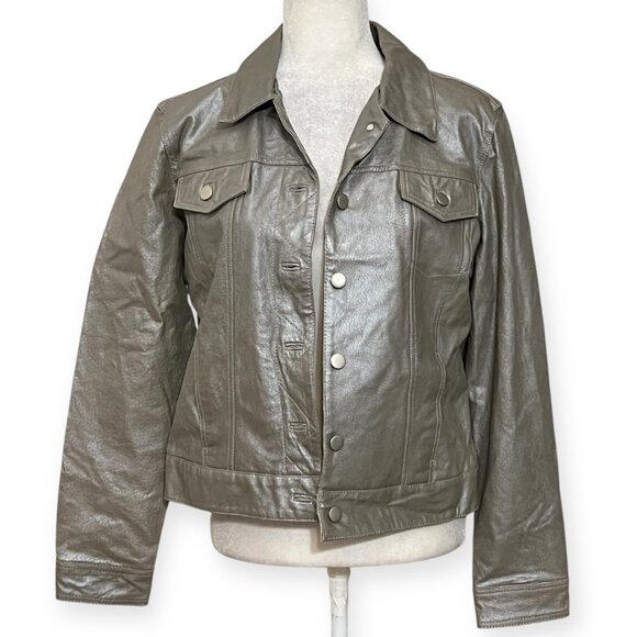 Metrostyle Women’s Metallic Gray Genuine Leather Jacket Size 14 Snap Button Moto - Picture 1 of 13